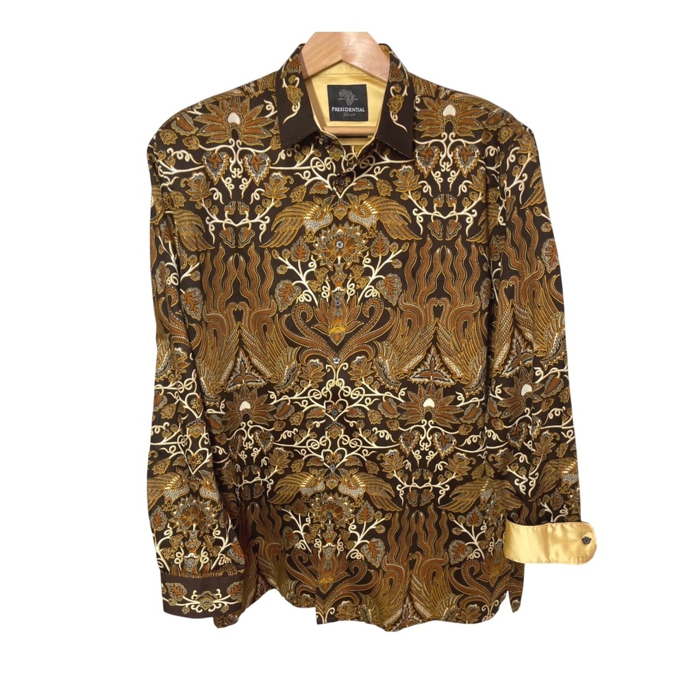 Presidential Madiba Shirt Mens 2X Brown Gold Batik Print Formal Tailored Mandela